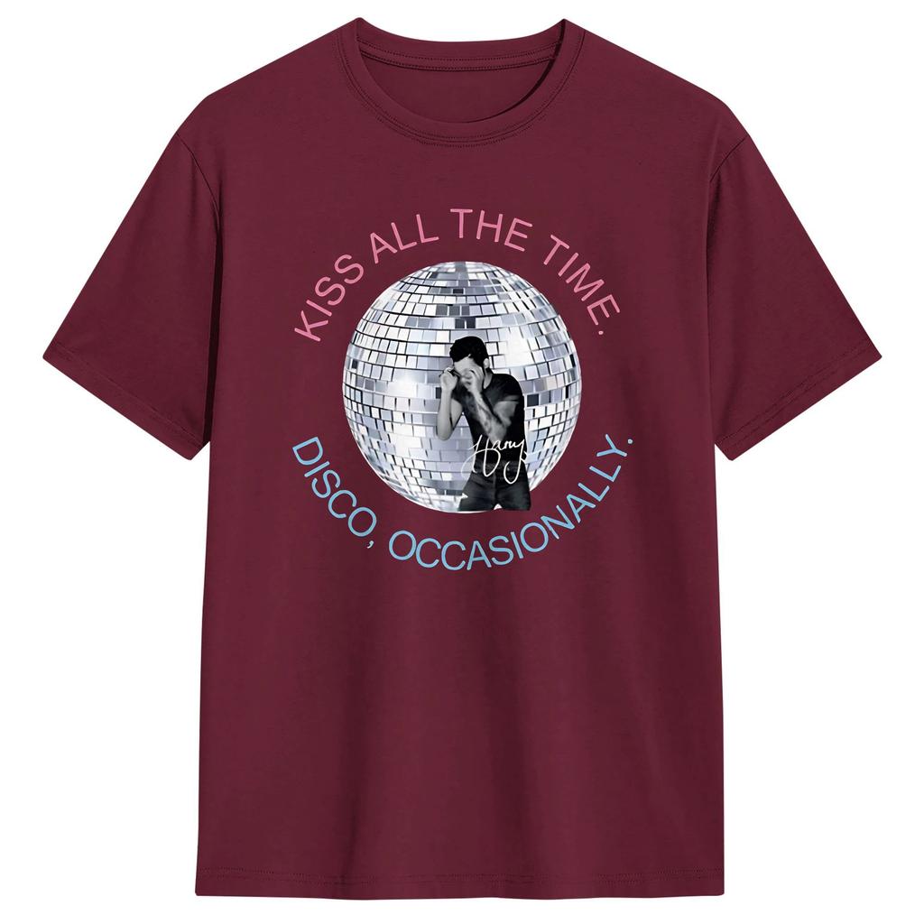 Unique Harry Style Kiss All The Time Disco Occasionally Disco Ball Love On Tour TShirts Men Cotton T Shirt Short Sleeve Tees