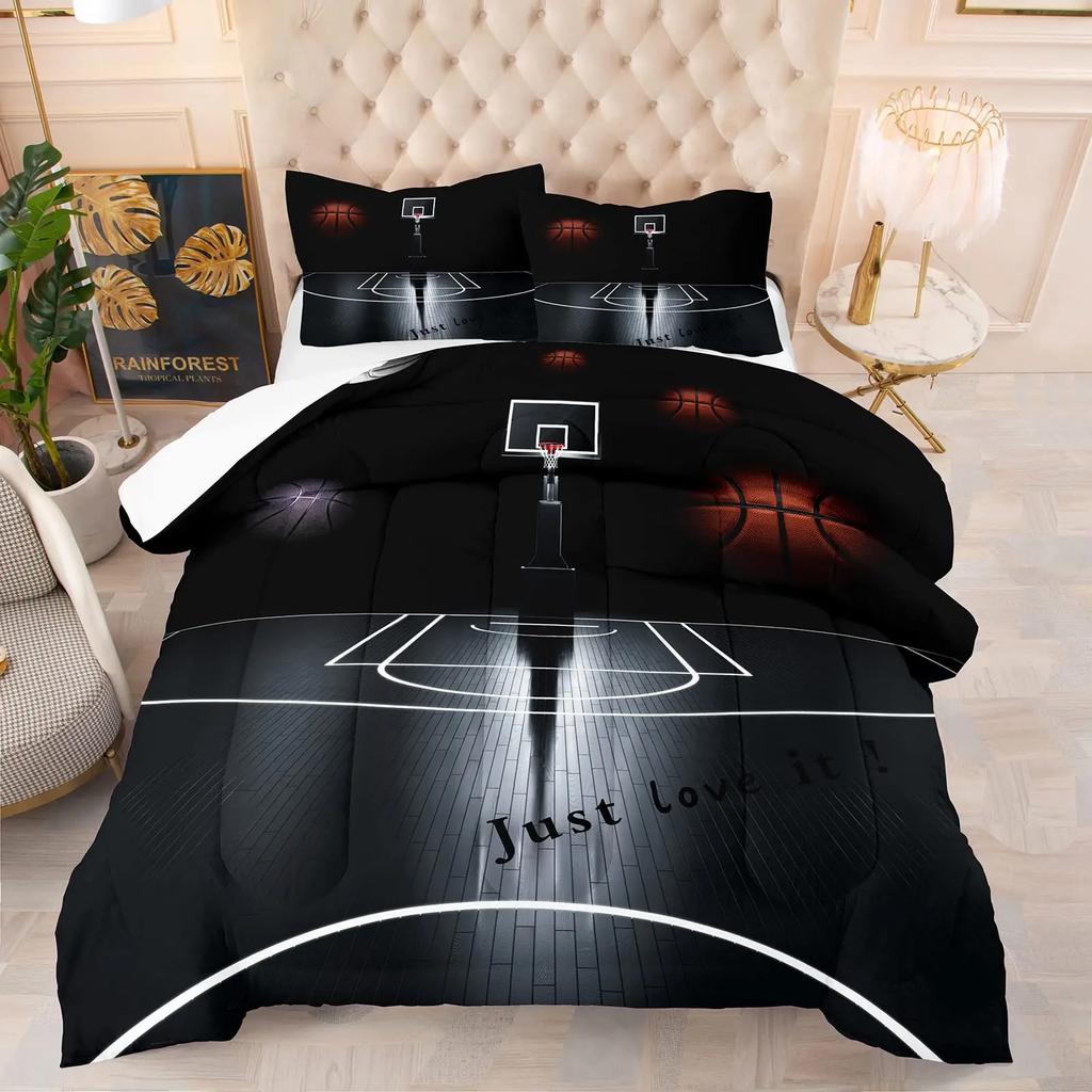 Basketball Court Print Bedding Set Queen Size,Ball Sports Games Themed Duvet Cover, Boys Game Room Decor Comforter Duvet Cover