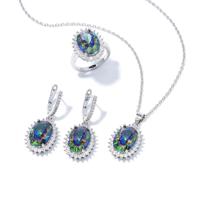 Explosive Oval Zircon Set Super Flash Ring Earrings Necklace Jewelry Set