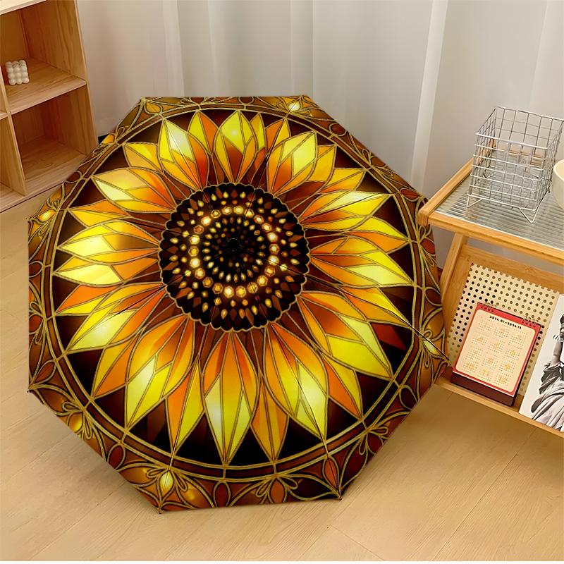 Retro Sunflowers Printed Umbrella Windproof Folding Umbrella Portable Sun and Rain Umbrella Suitable for Gifting