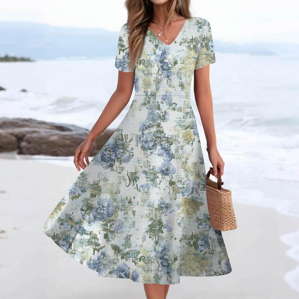 Women's Summer Casual Fashion Print Pocket Short Sleeve V-Neck Swing Dress