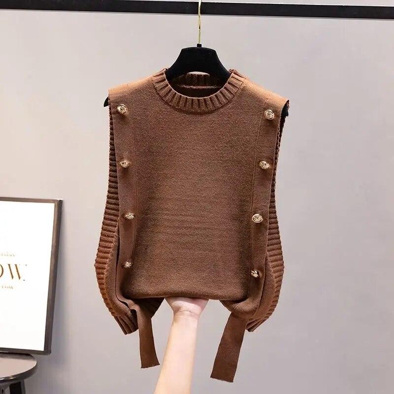Women's Waistcoat Autumn Outer Wear Pullover Sweater Fashion Casual Ladies Sleeveless Round Neck Knitted Top