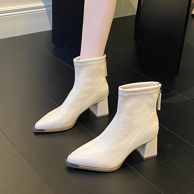 2025 autumn and winter new European and American style pointed head thick heel temperament short boots women's rear zipper high heel thin boots fash