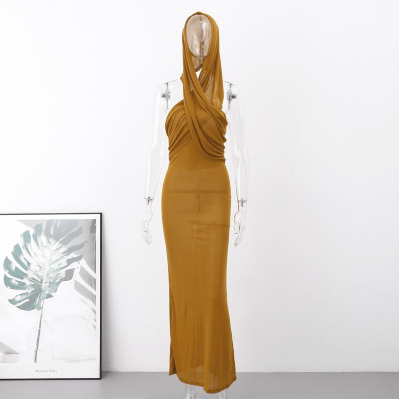 See Through Hooded Dress Sexy Backless Skinny Long Dresses Female 2023 Elegant Sheath Maxi Vestido Round Neck High Waist Slim Fit One Piece Dress