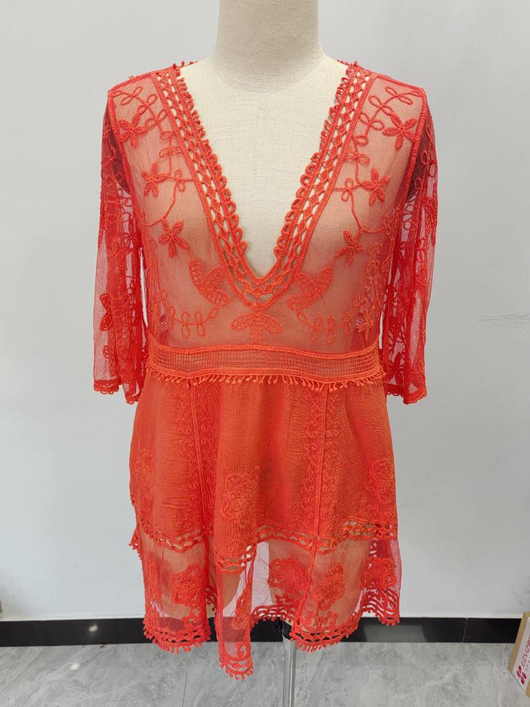 Stylish V-Neck Lace Embroidered Bikini Cover-up with Sun Protection