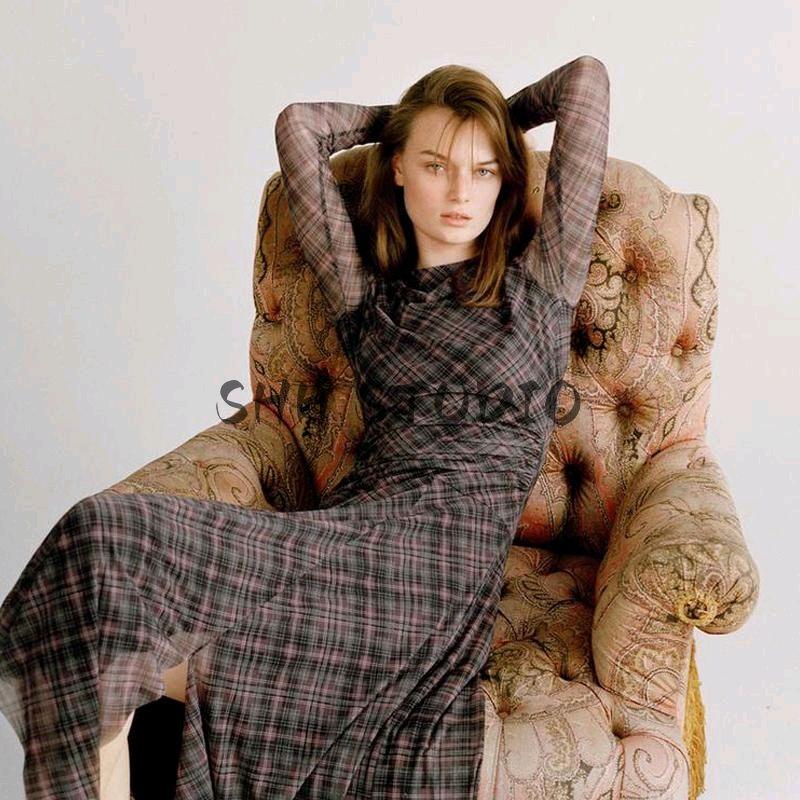 Spring New Women's Clothing American Retro Gingham Ruched Silk Net round-Neck Long-Sleeved Dress 5039284