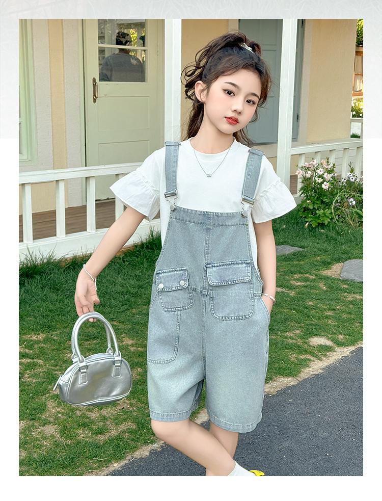 Girls' denim overalls set for summer 2026, new stylish mid size children's Korean version fashionable shorts two-piece set