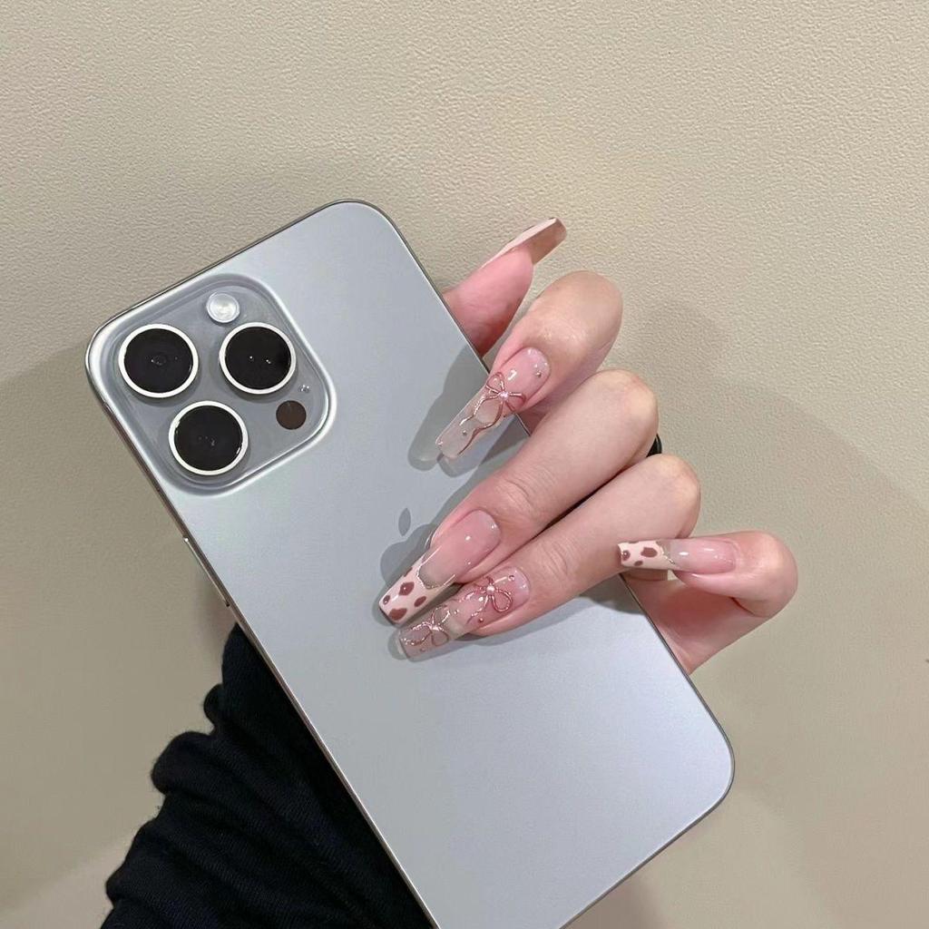 Leopard Print Butterfly Wearable Nails: Autumn Winter French Hand-Painted Cat Eye Removable High-Grade Nails