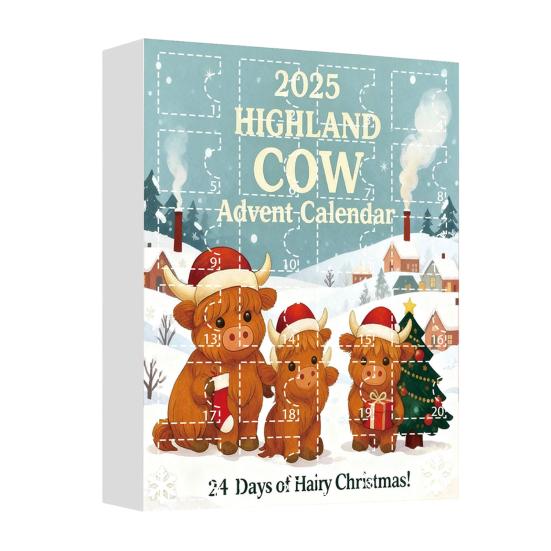 Highlandská kráva Adventní kalendář 2025 24denní krabička pro odpočítávání Vánoc s ozdobami Multifunkční dekorace na stromeček a sváteční zábava pro děti