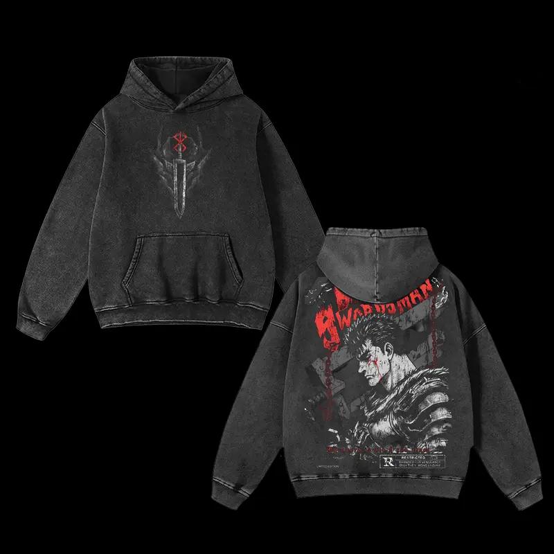 

Аниме Берсерк Гатс Принт Худи Мужские Женские Повседневные Хлопковые Толстовки Винтажная Стирка Уличная Одежда Харадзюку Мужская Толстовка Оверсайз XXL