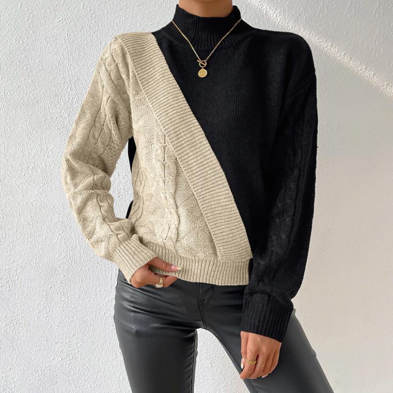 Women's Color Block Half-High Collar Cable Knit Sweater - Autumn/Winter European & American Loose Casual Style