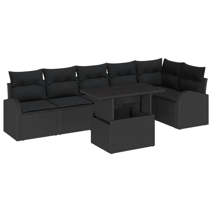 Ensemble de 7 Canapés de Jardin avec Coussins en Rattan Noir, Canapé 2 places avec Rangement &amp; Coussins en Rattan Noir 3357396