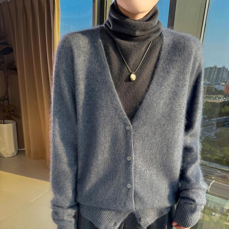 Autumn & Winter V-Neck Mink Velvet Women's Knit Cardigan - Loose, Slimming, Marled Yarn Sweater Top, Fashionable Outerwear