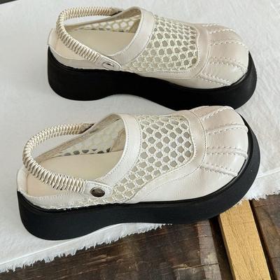 Sandales à semelles épaisses pour femmes2025Été Dentelle Maille Chaussures de pêcheur,Demi-pantoufle couvrante rehaussante,Chaussures de plage en maille féerique