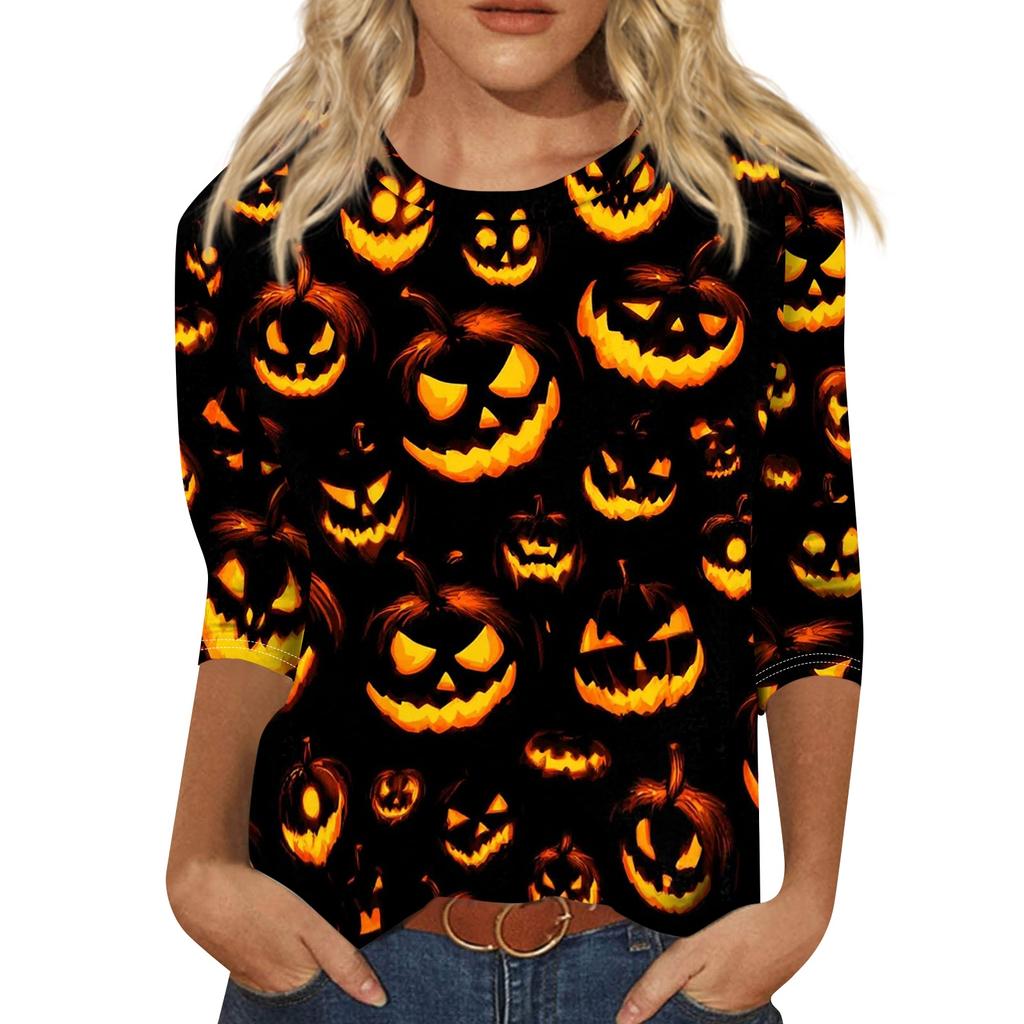 Women Casual 3/4 Sleeve Halloween Print Pullover Top Round Neck Lightweight Soft Fabric Comfortable Fit