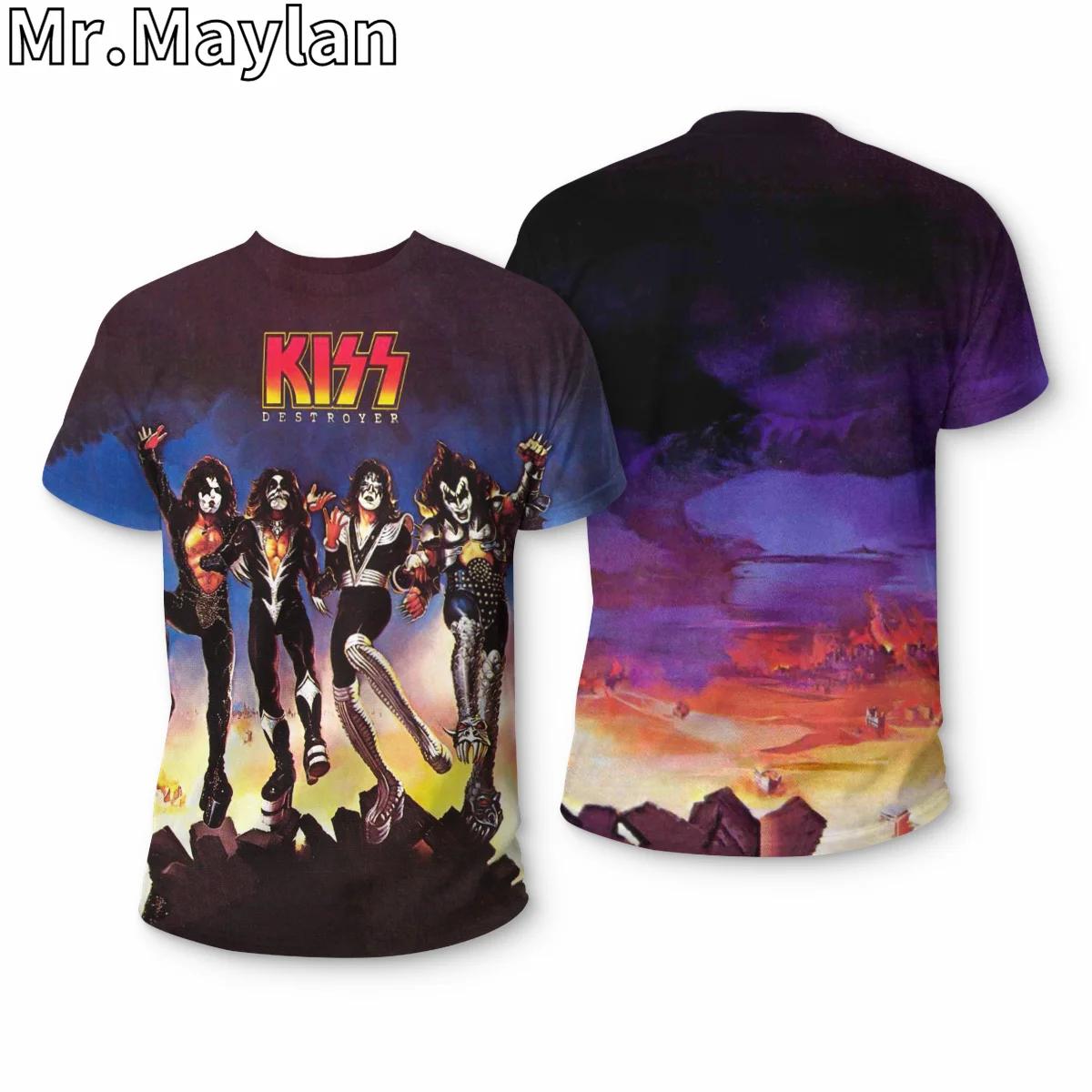 

Летний топ с круглым вырезом и 3D-принтом рок-группы Kiss, модная повседневная мужская футболка с коротким рукавом XL