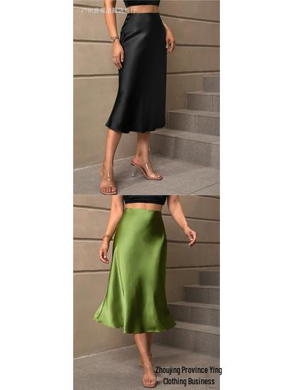 European & American Satin A-line Midi Skirt – Elegant Style, Polyester Fabric