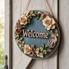Spring Flower Wreath Welcome Sign, Independence Day Patriotic Hanging Plaque, Round Wooden Door Hanger Decoration for Indoor Outdoor