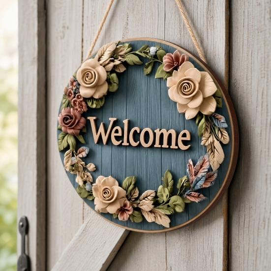 Spring Flower Wreath Welcome Sign, Independence Day Patriotic Hanging Plaque, Round Wooden Door Hanger Decoration for Indoor Outdoor