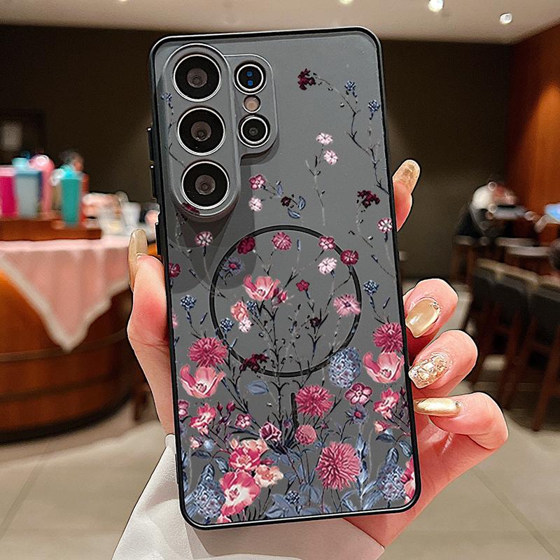 Retro Hot Pink Flower Pattern Case For Samsung Galaxy S26 Ultra S25 Edge S24 Plus S23 FE S22 A54 A55 A56 5G Magnetic For Magsafe Matte Cover