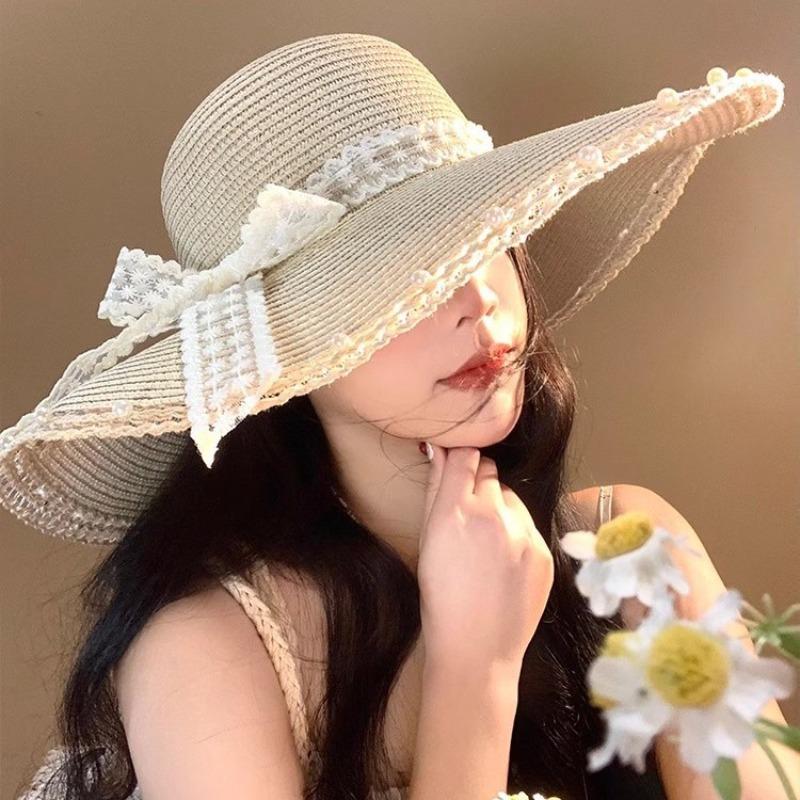 Pearl lace strap straw hat women's summer big brim seaside vacation bow sun hat sun hat