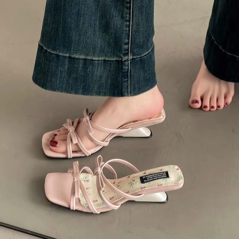 Fashion Hot Selling 2025 New French Style Summer Concise Open Toe Women Slippers Fashion Butterfly-knot Low Heels Party Pump Slide Shoes