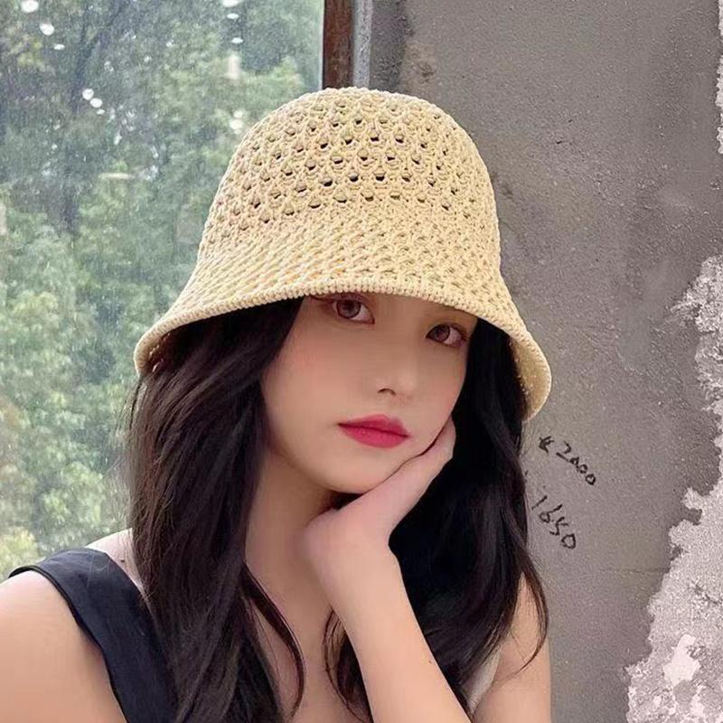 Bucket Hat Spring Summer Hollow Knitted Hat Solid Color Sunhat Fisherman Caps Casual Foldable Beach Cap