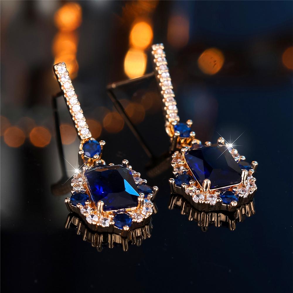 Cute Female Blue Zircon Stone Square Wedding Vintage Gold Color Stud Earrings For Women