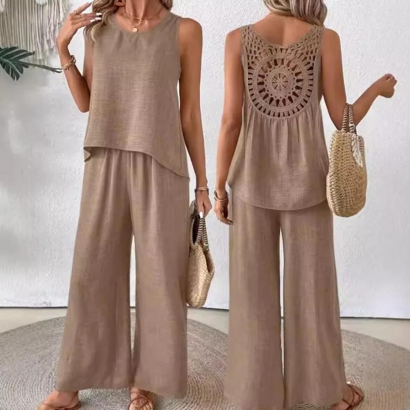Simple Women's Suits Summer Fashion Sleeveless Loose Blouse Wide Leg Pants Two Piece Set For Women Casual Outfits