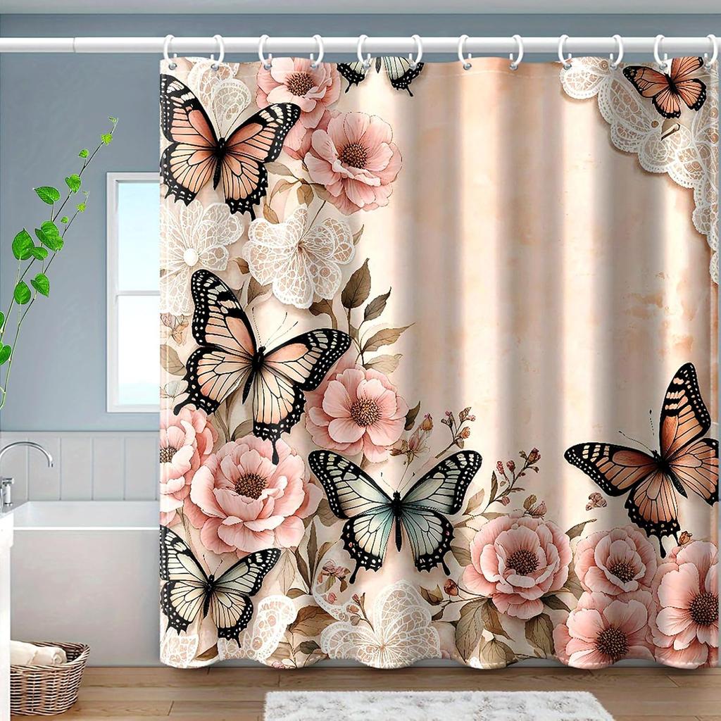 Floral Shower Curtains for Bathroom, Spring Flower Butterfly Bathroom Decor with Hooks, Washable Polyester Fabric Shower Curtain