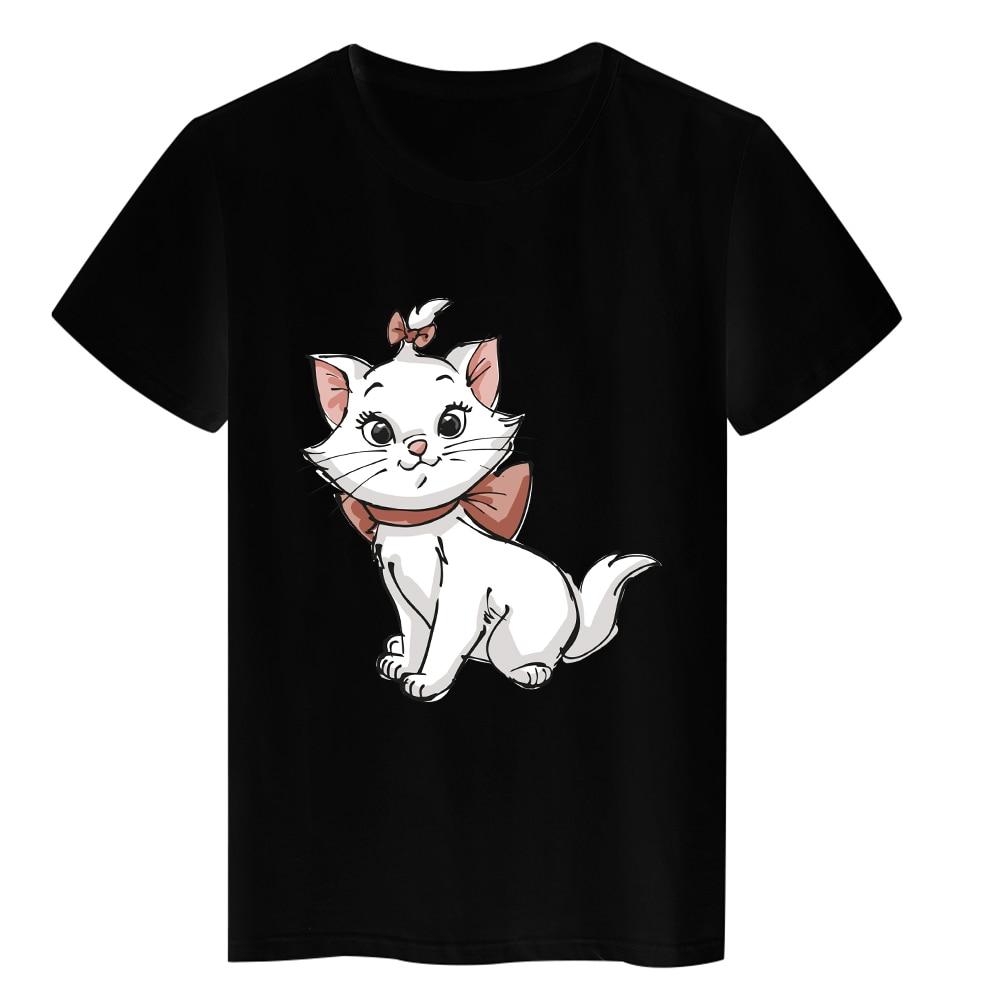 

Disney Футболка Женщины Смешные Мари Кошка Графические тройники с короткими рукавами Уличная одежда Стиль Черный Топы Корейский тренд Женская одежда