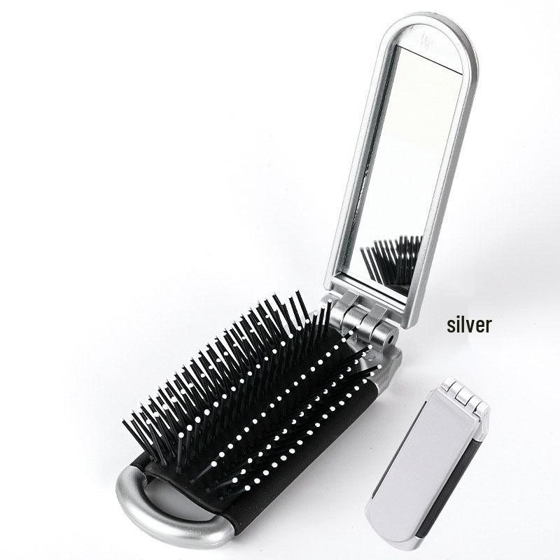 

Compact Folding Mirror & Airbag Massage Comb - Portable Mini Brush for Women серебряный