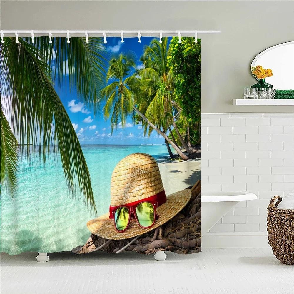 

Seaside Scenery 3D Printed Polyester Shower Curtain Wooden Bridge Nature Fabric Waterproof Bathroom Curtain For Bathtub W60H190(CM)-1 Pcs
