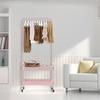 Pink Floor Carbon Steel Hanging Clothes Rack with 2 Baskets,Metal Silent Movable Storage Rack for Laundry Room, Balcony, Bedroom
