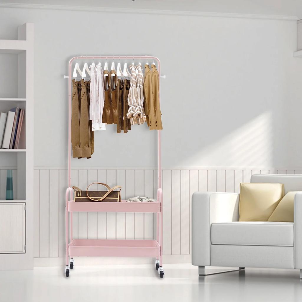 Pink Floor Carbon Steel Hanging Clothes Rack with 2 Baskets,Metal Silent Movable Storage Rack for Laundry Room, Balcony, Bedroom