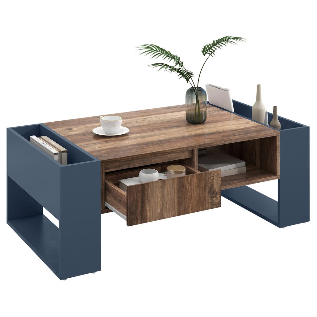 Coffee Table with Wood Grain, Handle-less Drawer, Storage Compartment and Rear Storage Compartment, Storage On Both Sides, Anthracite.