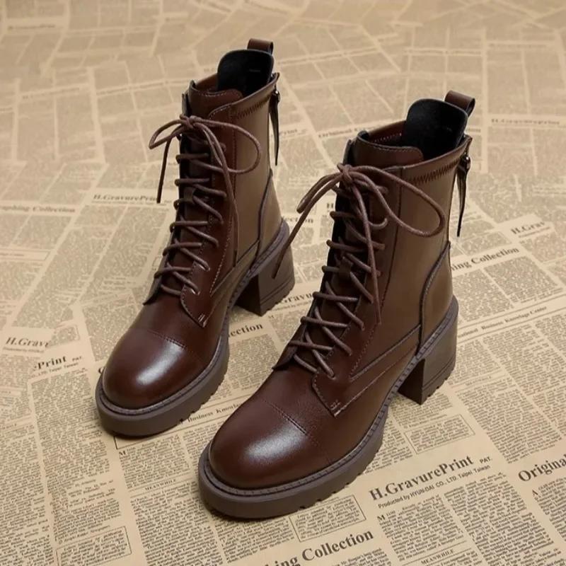 Women's Boots High Quality Casual Leather Boots Classic Lace-up Ankle Boot 6cm Thick Heel Platform Boots for Women Botas Mujer