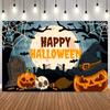 Night Halloween Cartoon Theme Decoration Photography Background Pumpkin Castle Cemetery Skeleton Black Cat Bats Photo Backdrop6