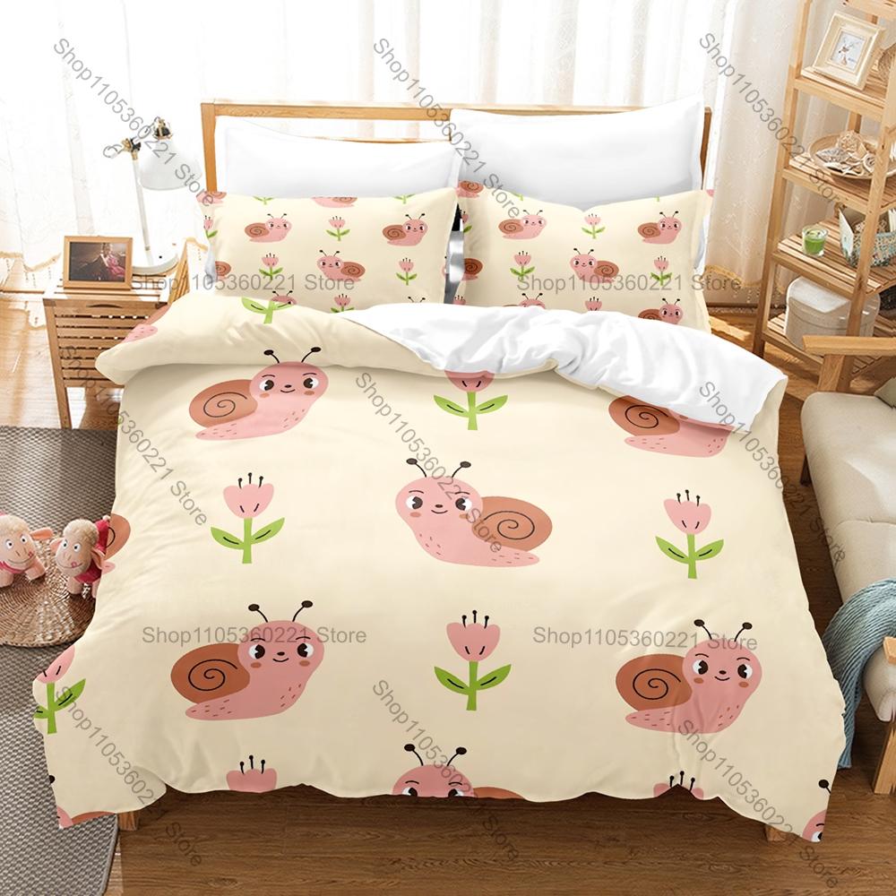 Kawaii Snail Pattern 3-Piece Bed Set Comfortable Lightweight Duvet Cover Pillow Shams Lovely Animal Print Bedding Kit Children