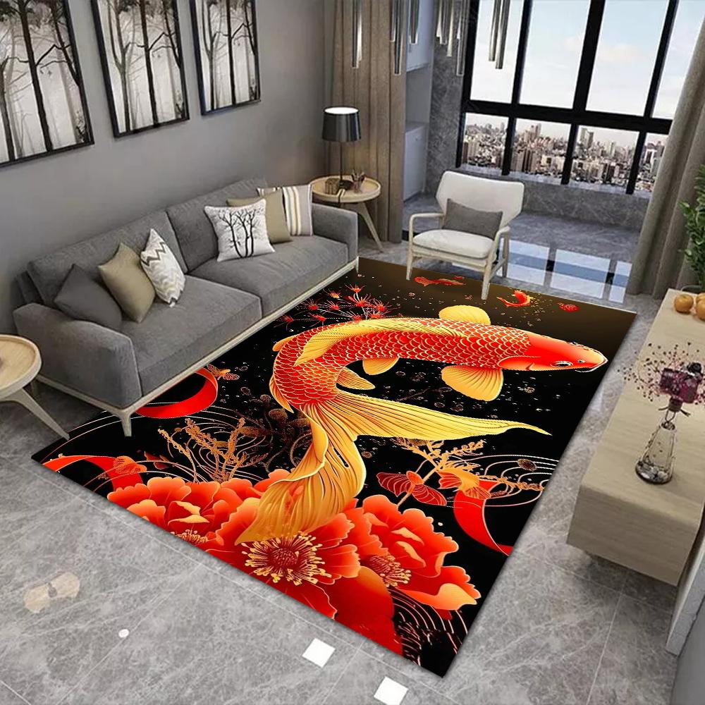 Japanese Koi Fish Carpet Red White Cherry Blossom Rug Oriental Mat Non-slip Soft Home Decoration Living Room Durable Floor Mat