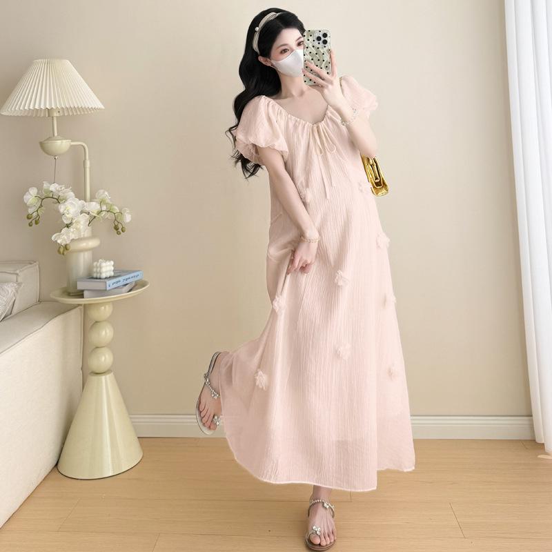 2026 Summer Korean Style Puff Sleeve Knee-Length Maternity Dress 2XL