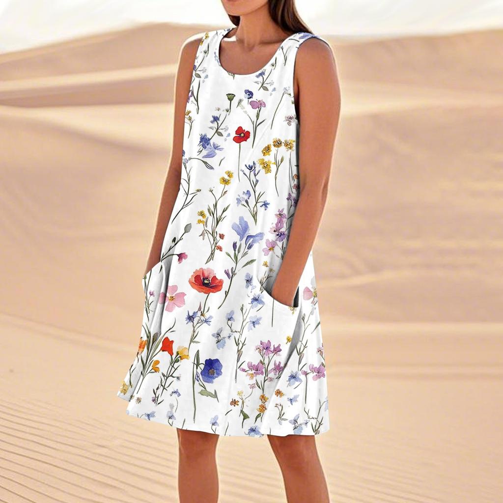 Sommerkleider für Damen, lockerer Strandurlaub, lässig, ärmellos, Sommerkleider mit Taschen, Tankkleid