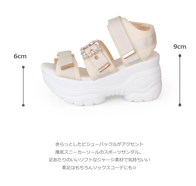 Jewel Buckle Velcro 9cm Thick Sole Sneaker Sole Sports Sandals Back Strap Easy to Walk High Tech Dad Neat Simple Korean Black White M [Room Nine]