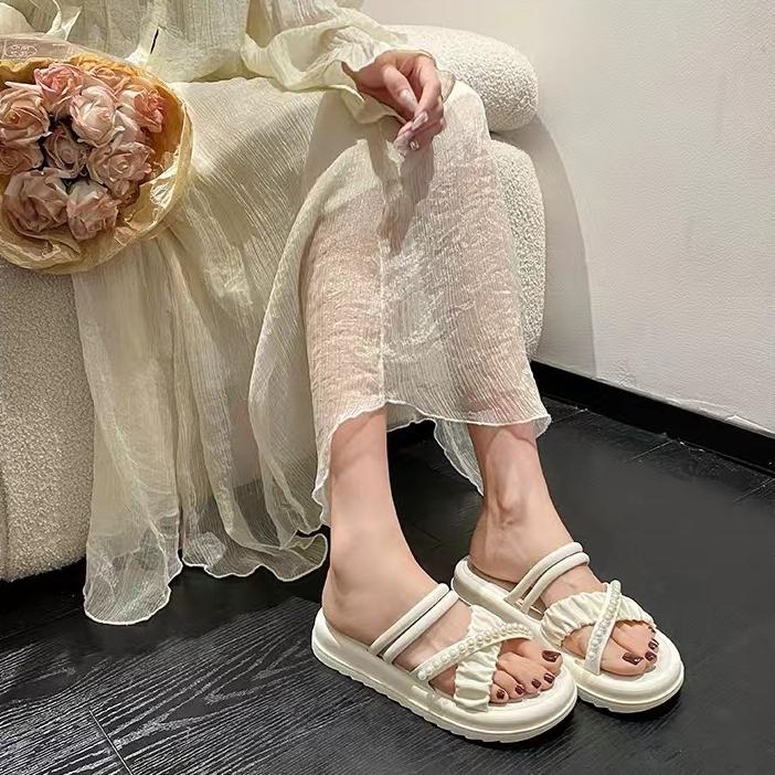 Summer Slippers for Women Fashionable Home Indoor Anti Slip Pearl Casual Beach Shoes