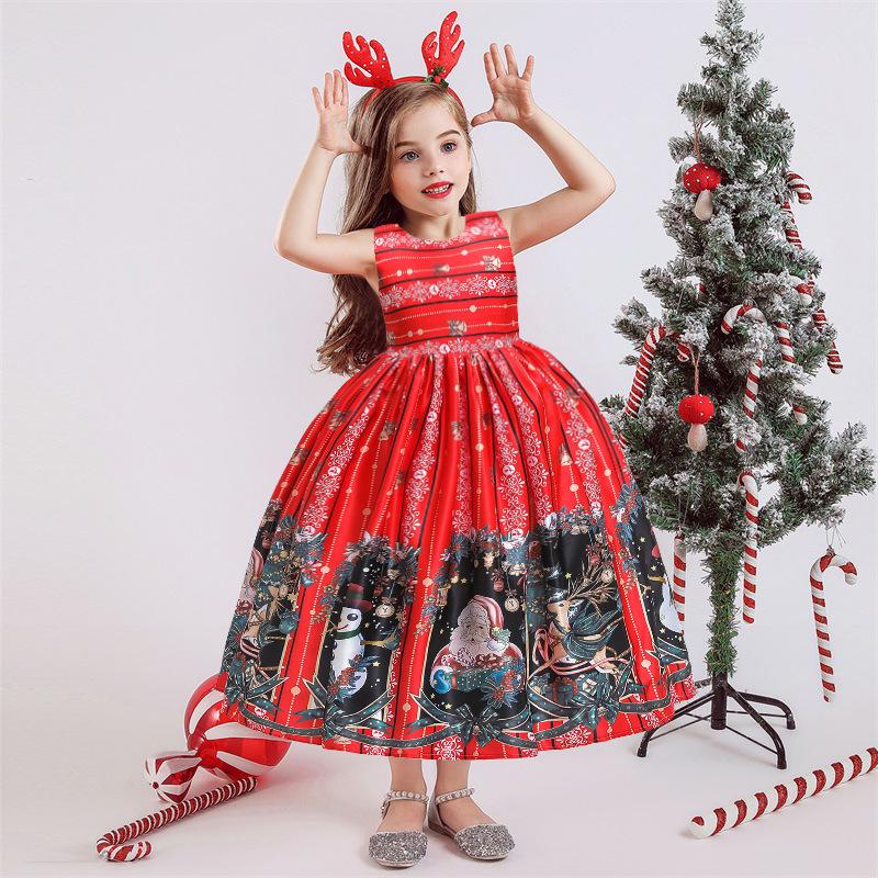 Vestido de Piano de Cetim de Desenho Animado de Natal Europeu e Americano para Meninas