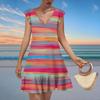 Women's Fashion Casual V Neck Wavy Edge Striped Plaid Print Short Sleeve Dress