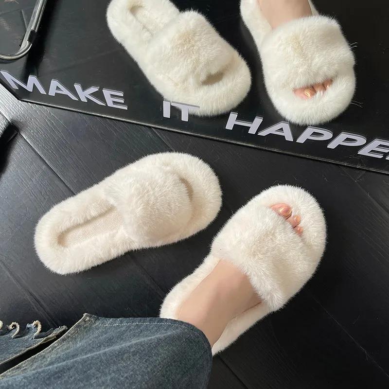 Pantoufles en fourrure épaisse à la mode, pantoufles en fourrure double, chaussures décontractées en coton pour la maison, pantoufles plates en peluche à bretelles croisées pour femmes