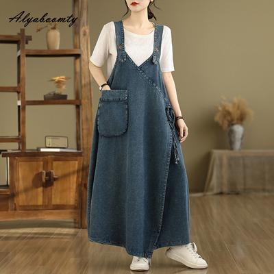 Koreanischer Stil Frühling Sommer Plus Size Damen Denim Sommerkleid Hosenträger Blau Übergroßes Schnürkleid Ärmellos Vintage Lässig Locker Midikleid