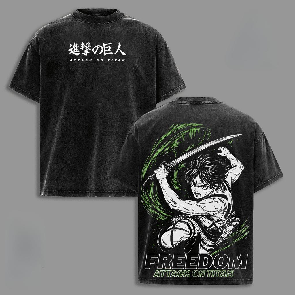 Attack on Titan Anime T-shirt For Men's Clothing Eren Jager Vintage Washed T Shirt Summer Short Sleeve Pure Cotton Tees Clothes