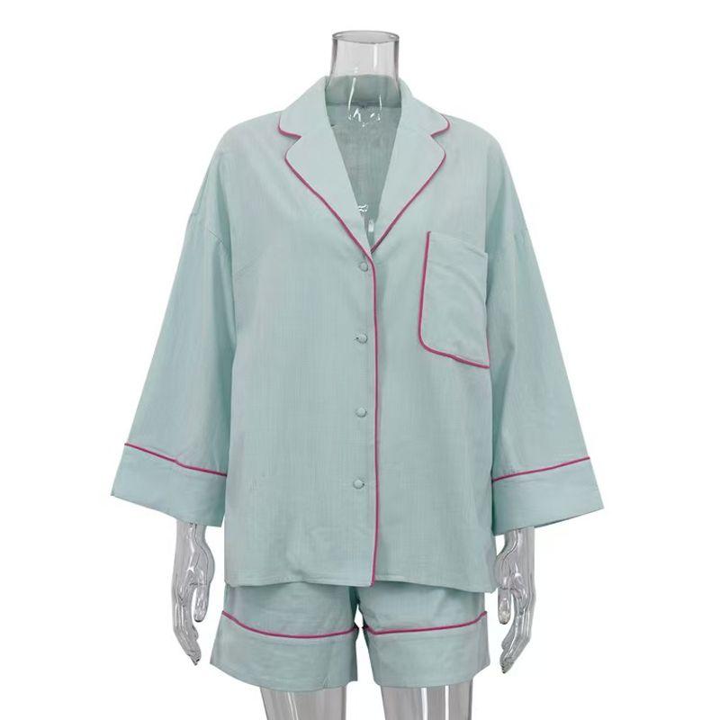 

Fashion Wind Fashion Contrast Color Casual Loose Shirt Shorts Suit Loose Shirt and Shorts Set Blue L